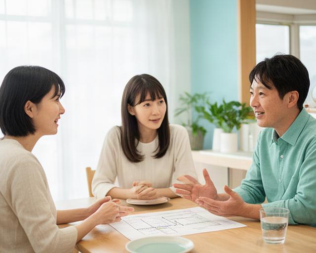 つくば市の明るいダイニングで家計表を見ながら話す夫婦と相談員