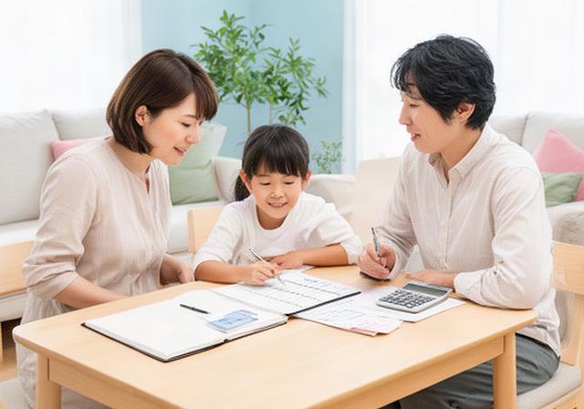 つくば市の明るい居間で家計簿と電卓を見ながら予算を相談する家族